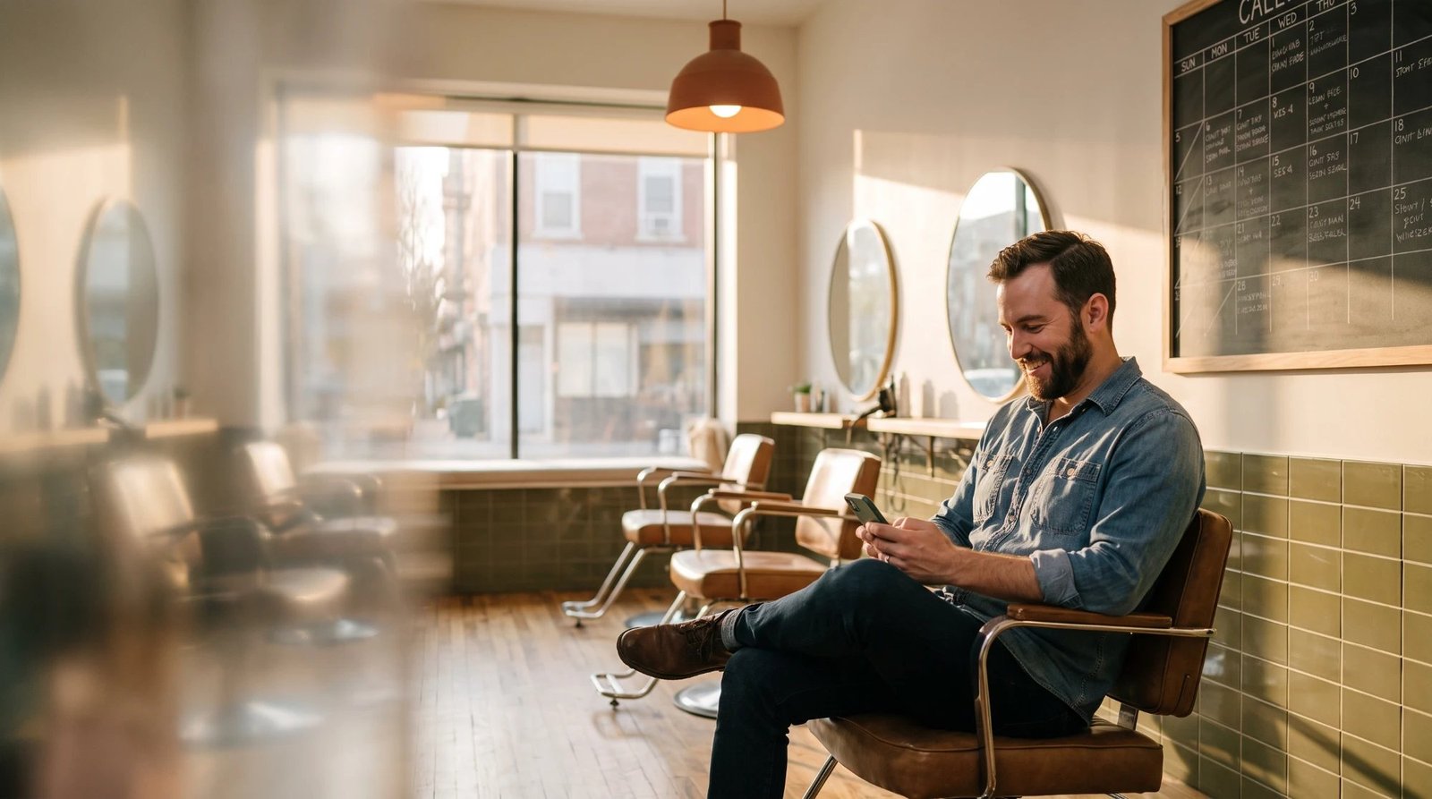 A smiling bearded man in a denim shirt booking an appointment on his phone in a sunlit salon chair, with a chalkboard appointment calendar on the wall behind him